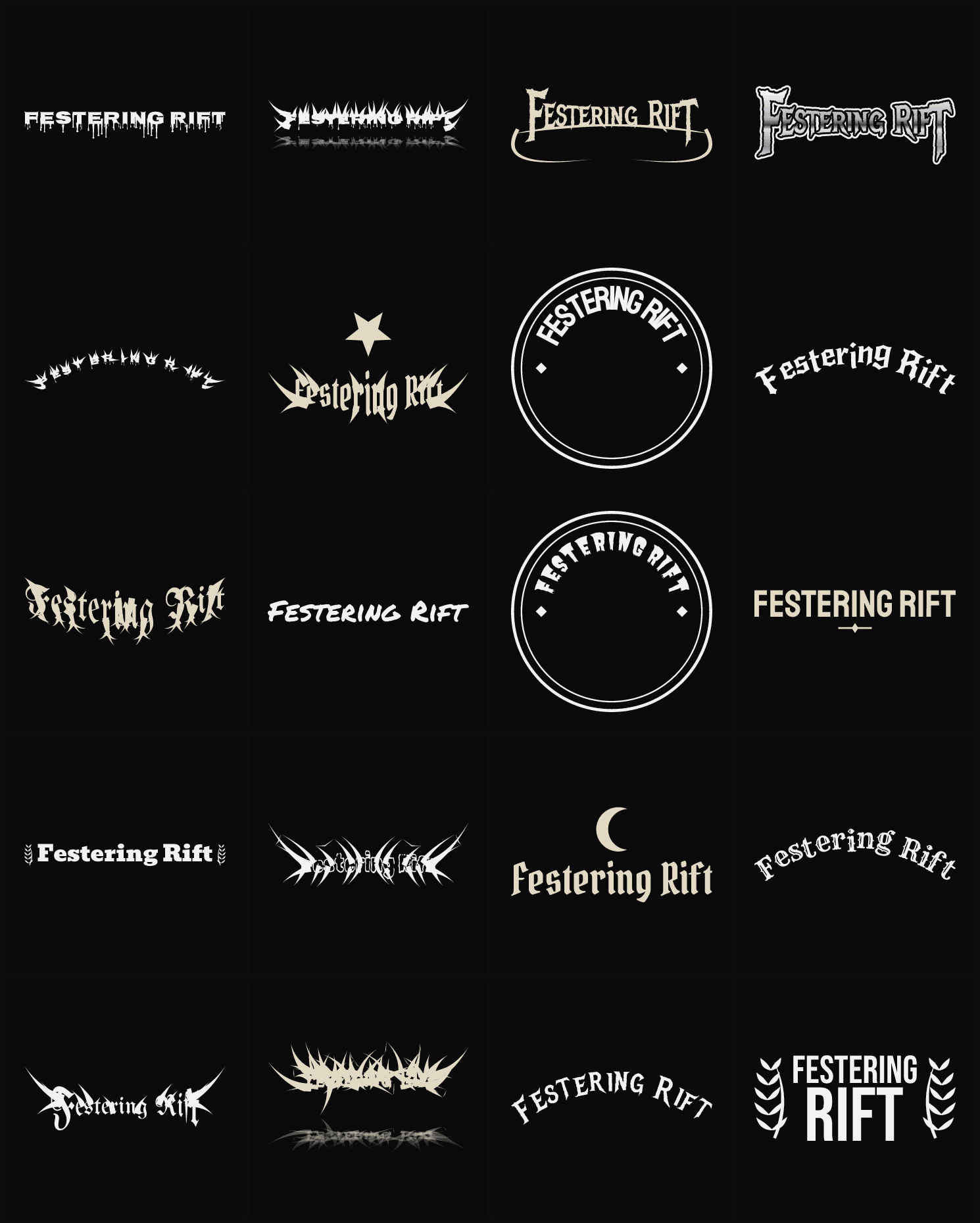 Twenty Festering Rift band logo ideas — different faces, treatments and spike settings