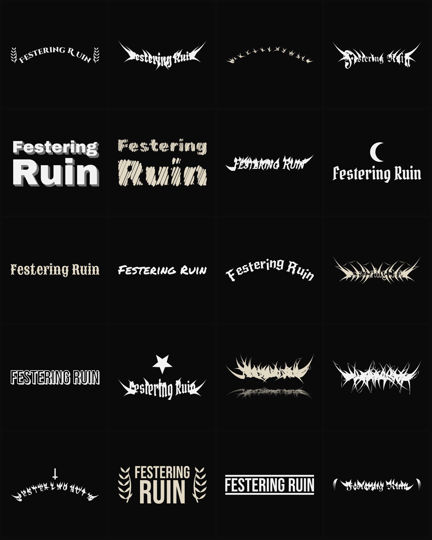 Twenty Festering Ruin band logo ideas — different faces, treatments and spike settings