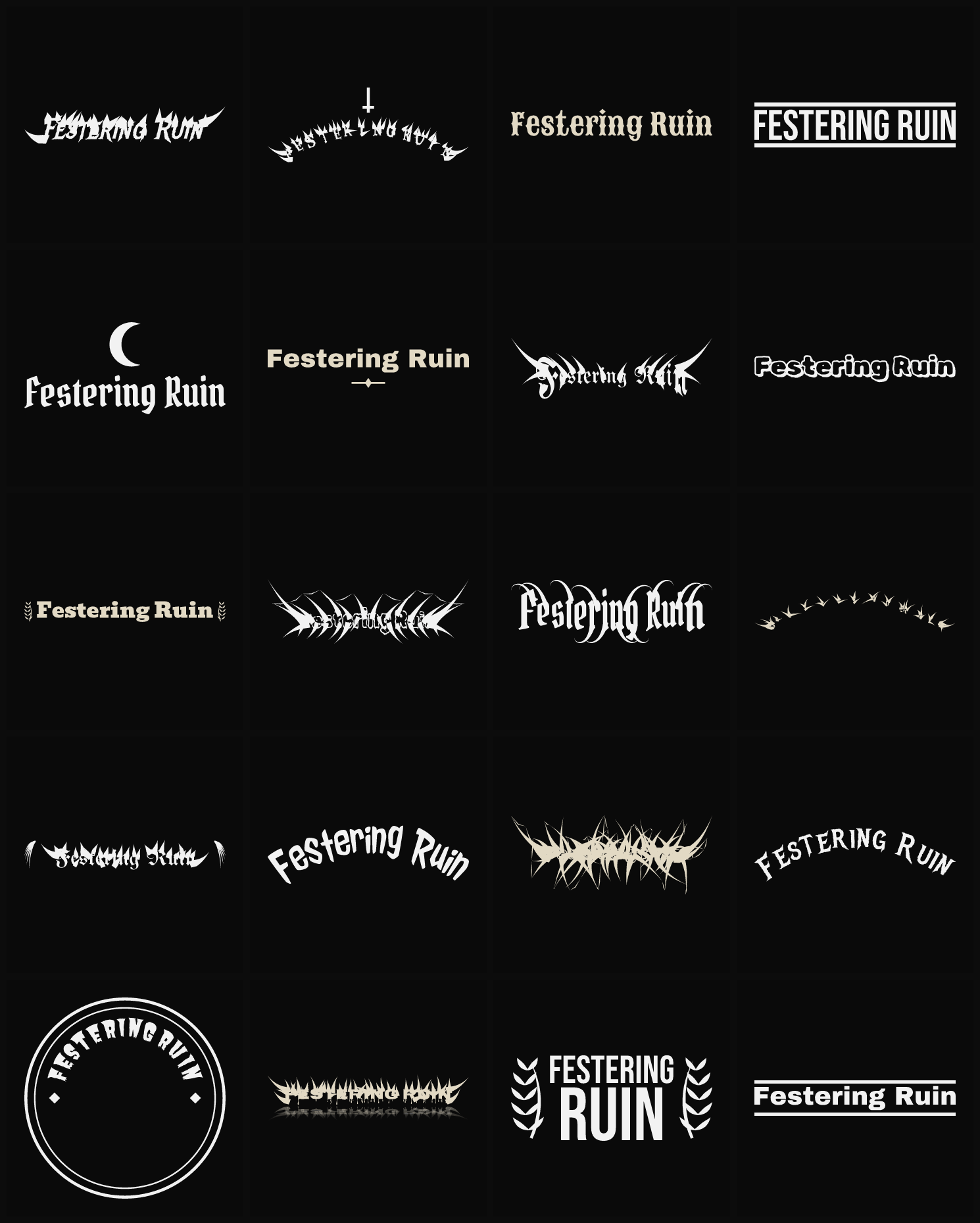 Twenty Festering Ruin band logo ideas — different faces, treatments and spike settings