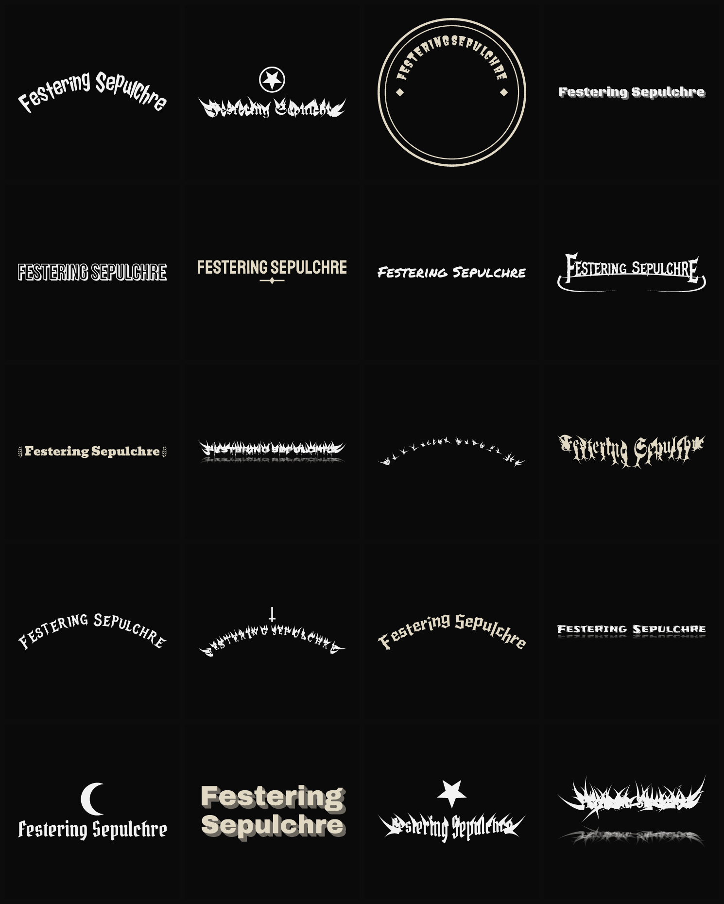 Twenty Festering Sepulchre band logo ideas — different faces, treatments and spike settings