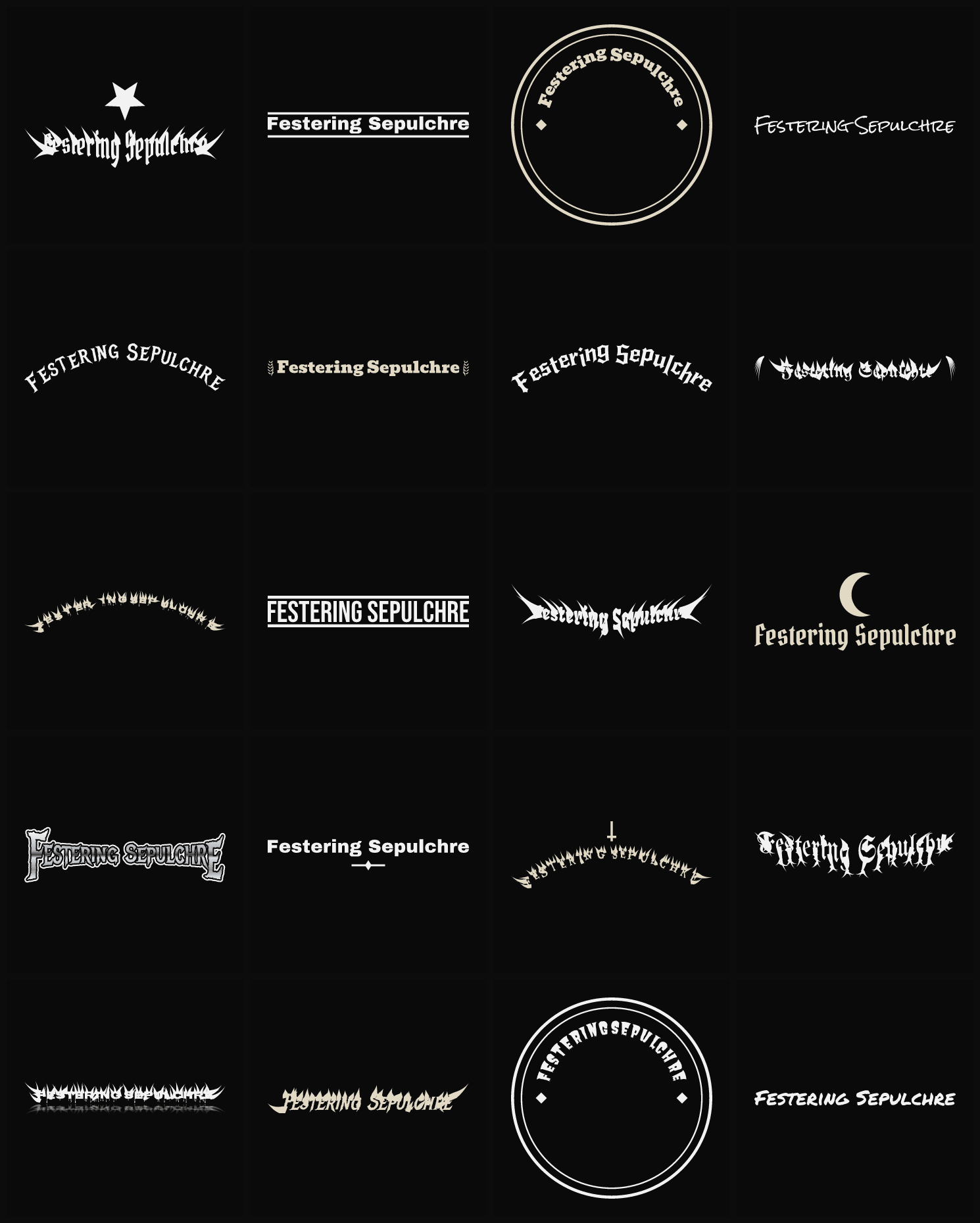 Twenty Festering Sepulchre band logo ideas — different faces, treatments and spike settings