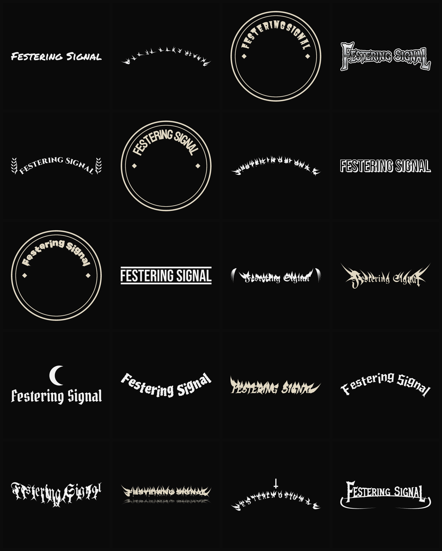 Twenty Festering Signal band logo ideas — different faces, treatments and spike settings