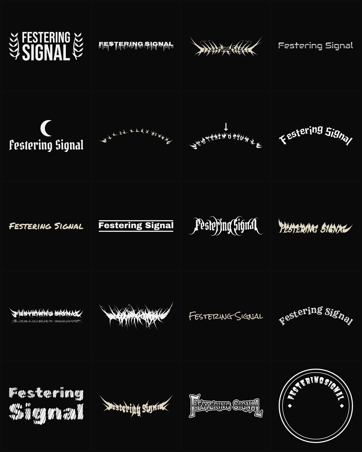 Twenty Festering Signal band logo ideas — different faces, treatments and spike settings
