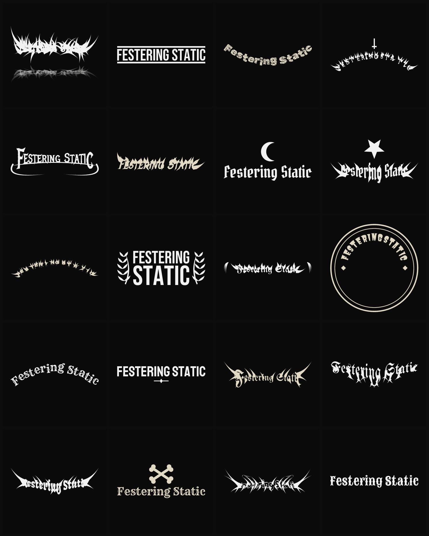 Twenty Festering Static band logo ideas — different faces, treatments and spike settings