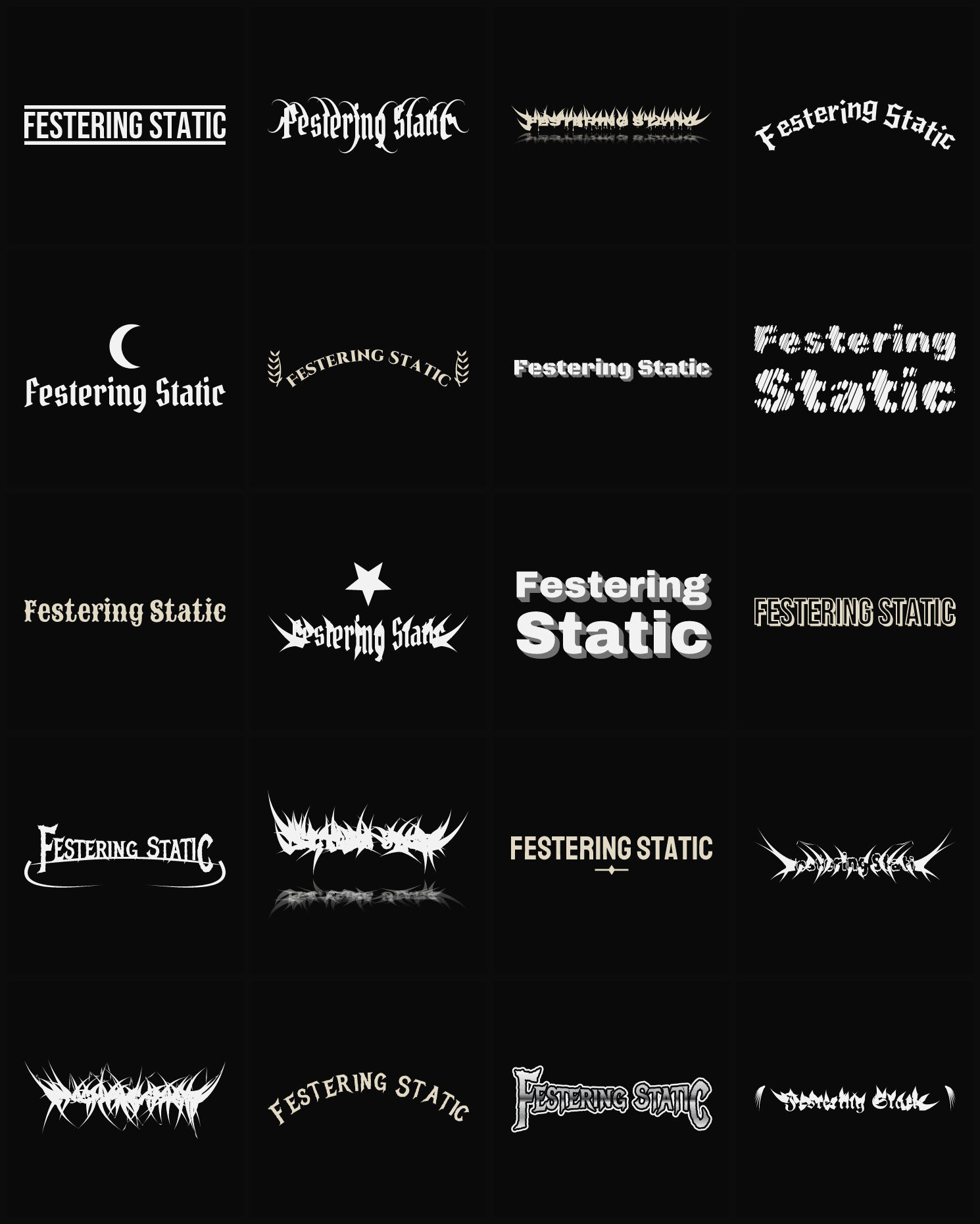 Twenty Festering Static band logo ideas — different faces, treatments and spike settings
