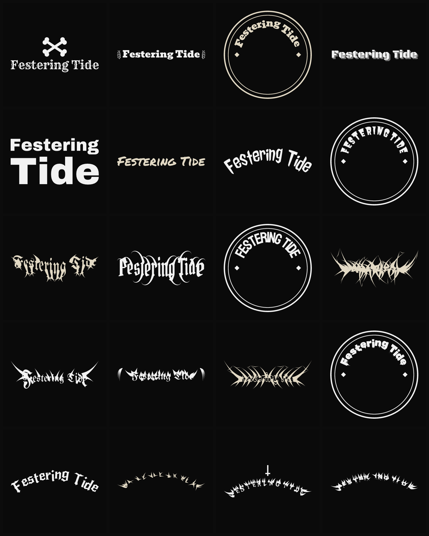 Twenty Festering Tide band logo ideas — different faces, treatments and spike settings