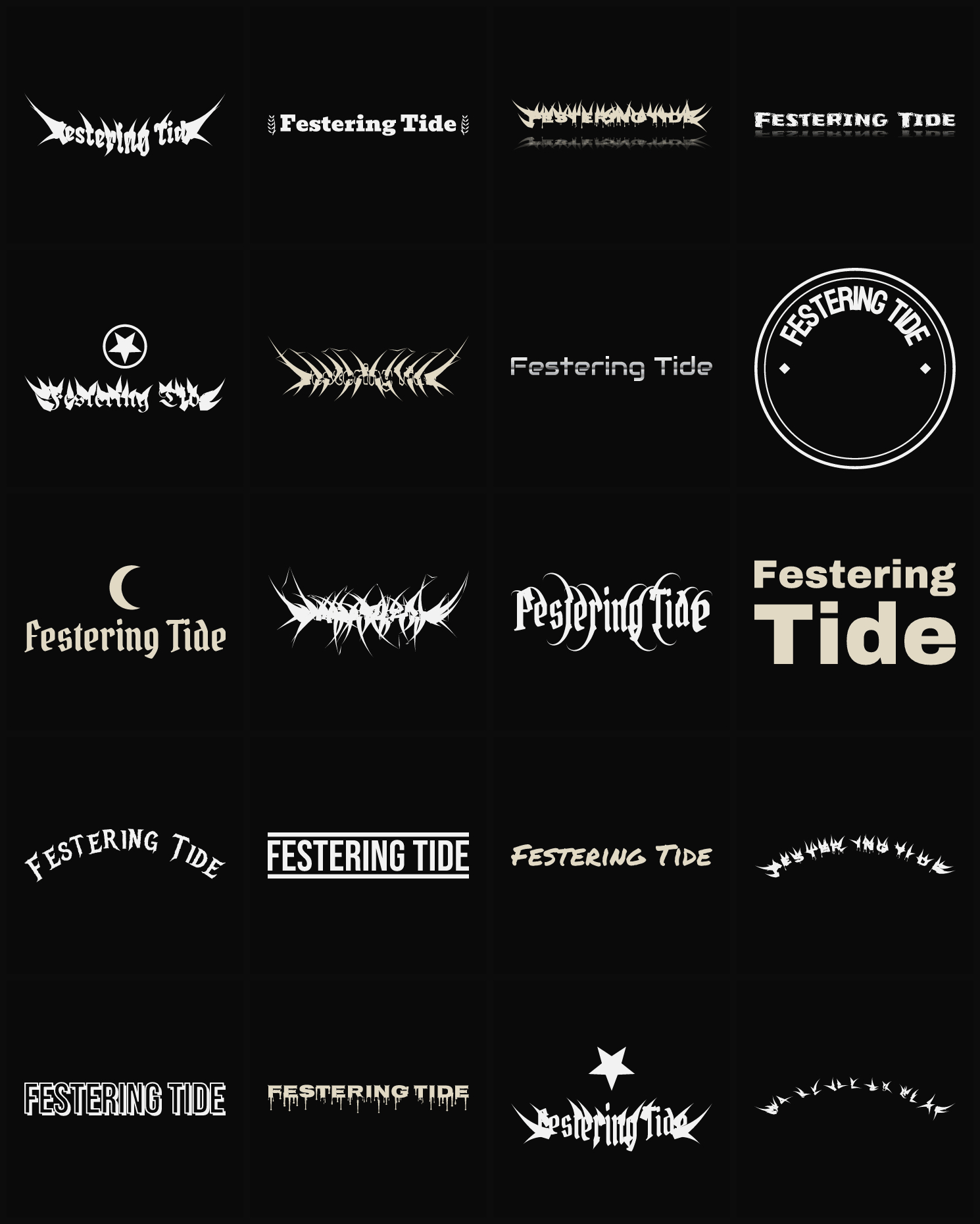 Twenty Festering Tide band logo ideas — different faces, treatments and spike settings