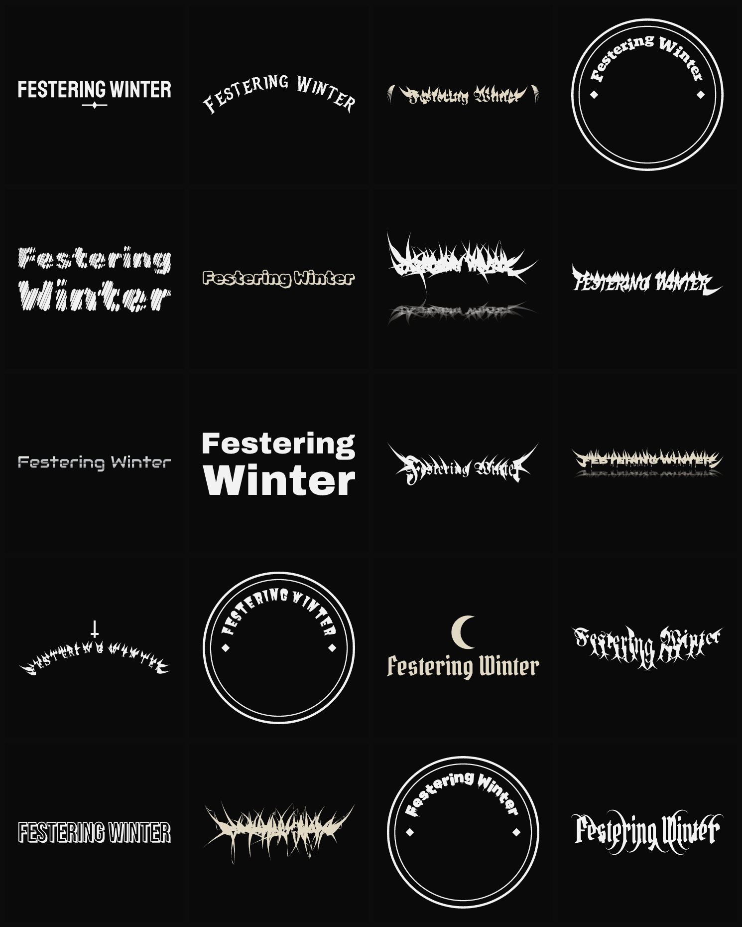 Twenty Festering Winter band logo ideas — different faces, treatments and spike settings