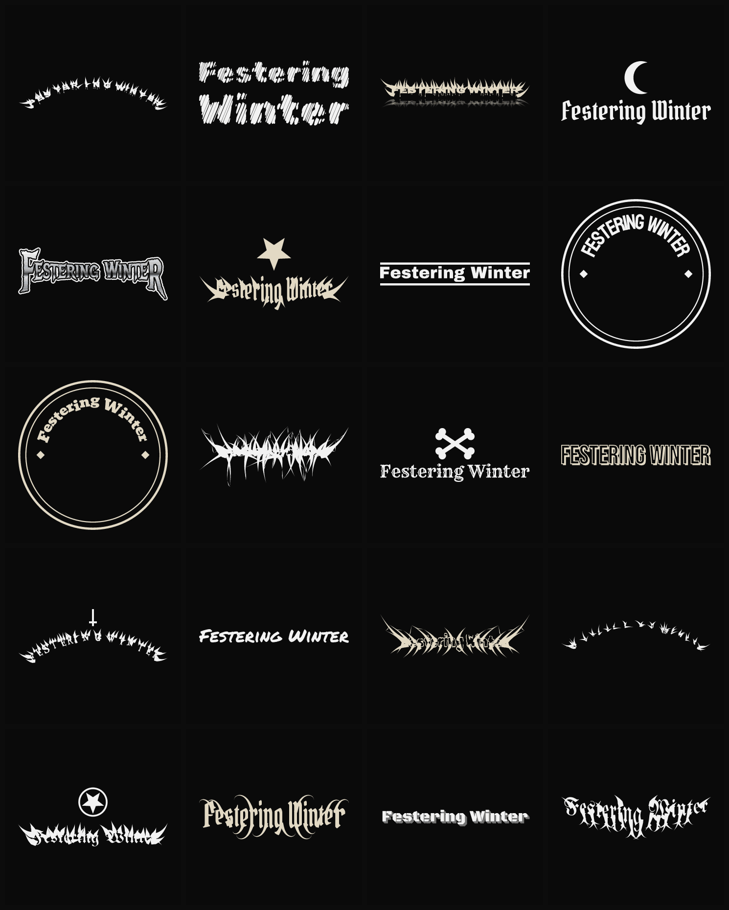 Twenty Festering Winter band logo ideas — different faces, treatments and spike settings