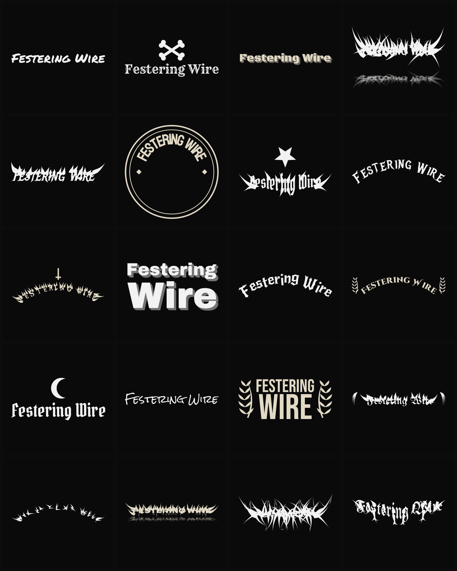 Twenty Festering Wire band logo ideas — different faces, treatments and spike settings