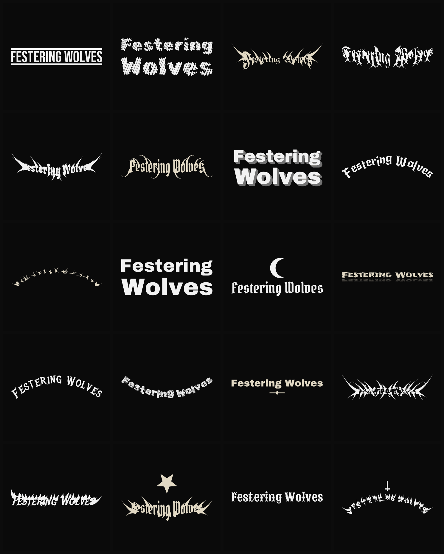 Twenty Festering Wolves band logo ideas — different faces, treatments and spike settings