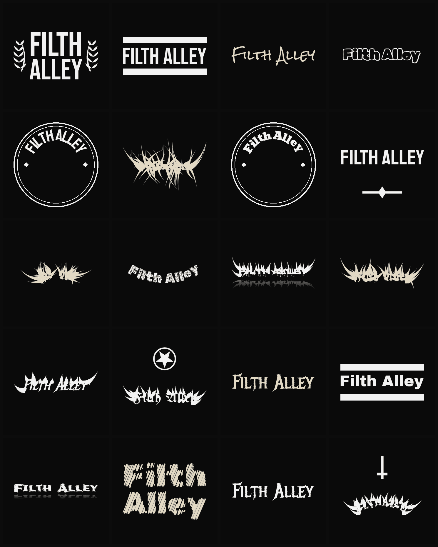 Twenty Filth Alley band logo ideas — different faces, treatments and spike settings