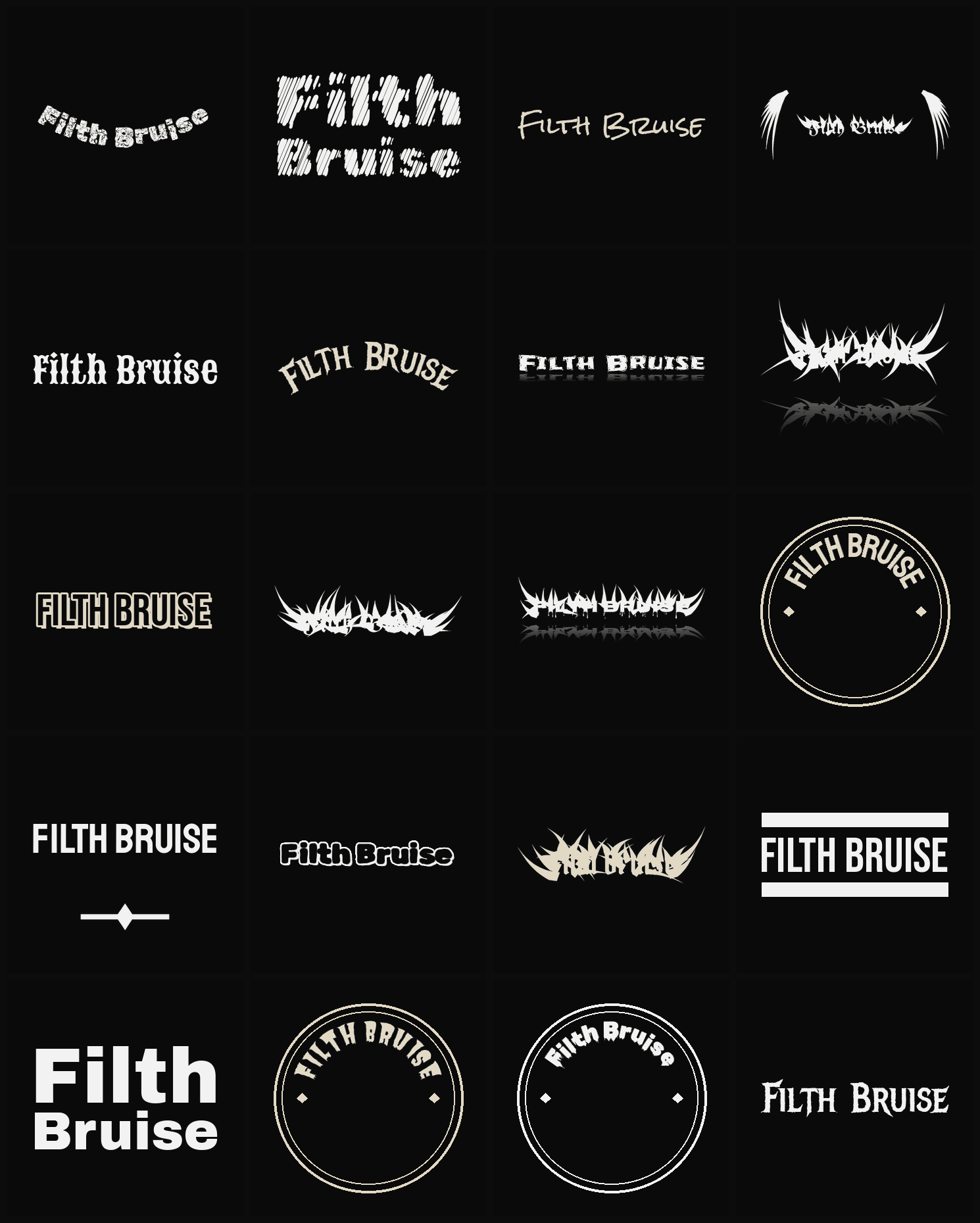 Twenty Filth Bruise band logo ideas — different faces, treatments and spike settings