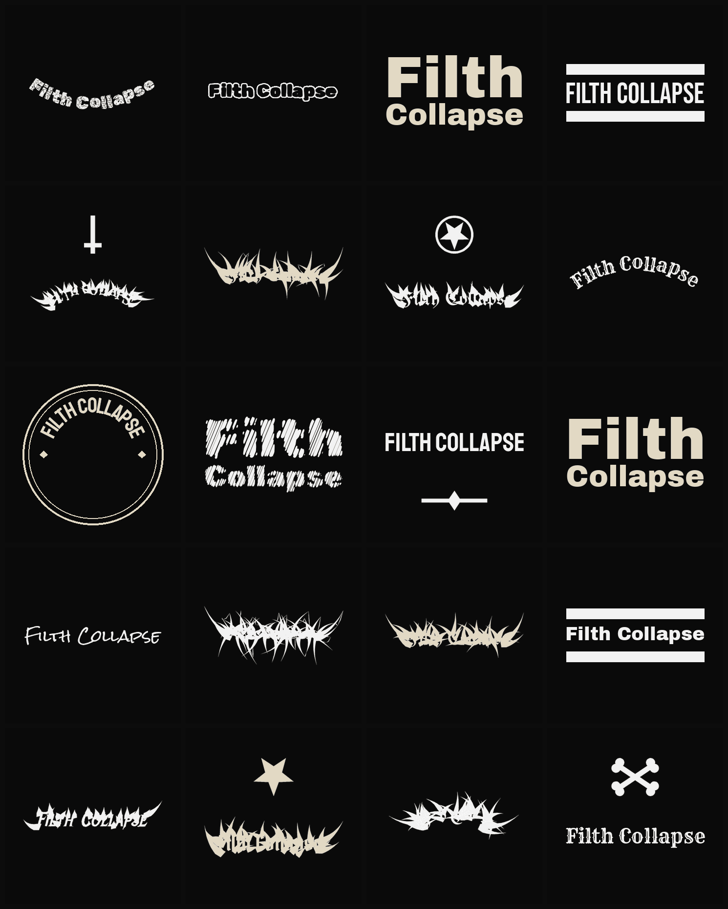Twenty Filth Collapse band logo ideas — different faces, treatments and spike settings