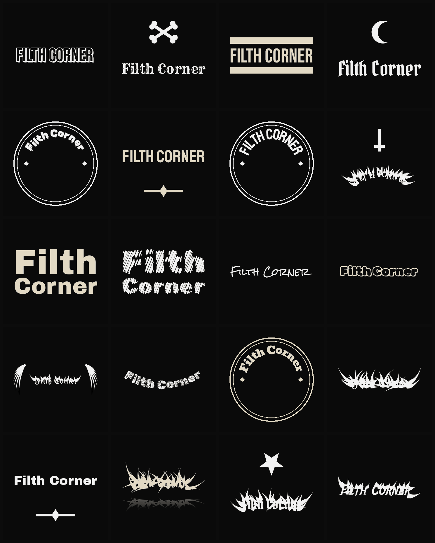Twenty Filth Corner band logo ideas — different faces, treatments and spike settings