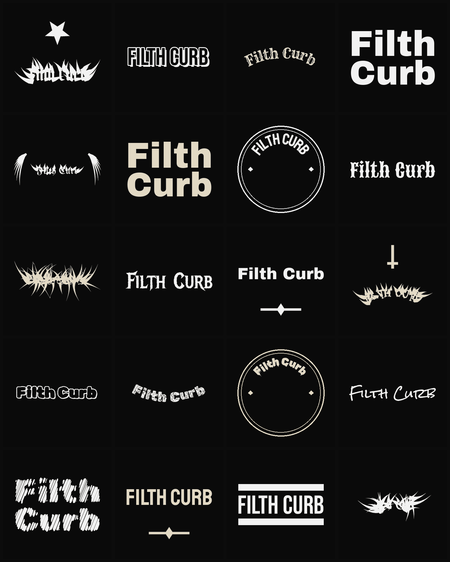 Twenty Filth Curb band logo ideas — different faces, treatments and spike settings