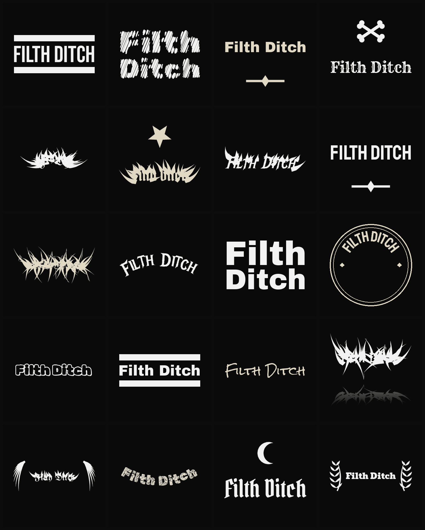 Twenty Filth Ditch band logo ideas — different faces, treatments and spike settings