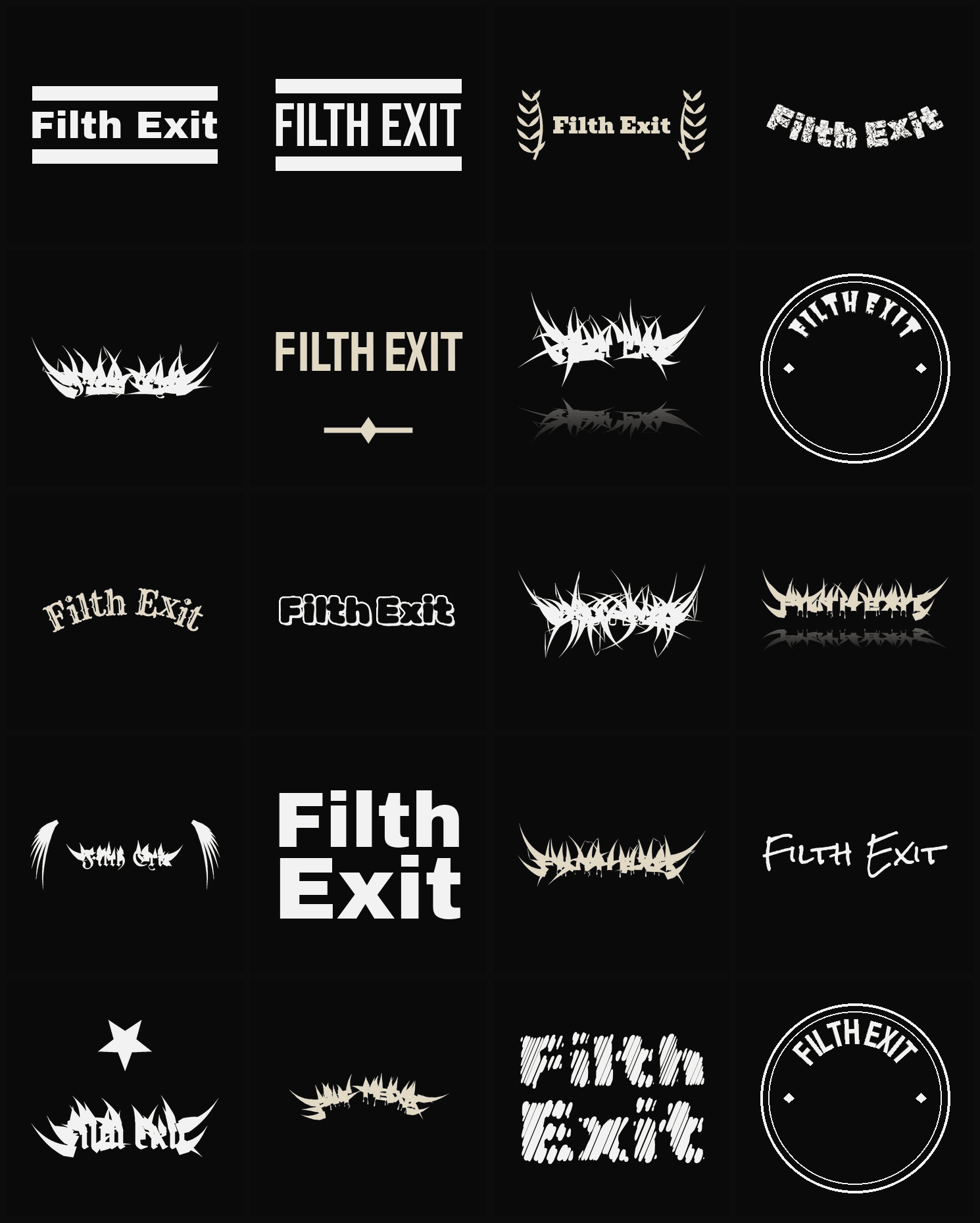 Twenty Filth Exit band logo ideas — different faces, treatments and spike settings
