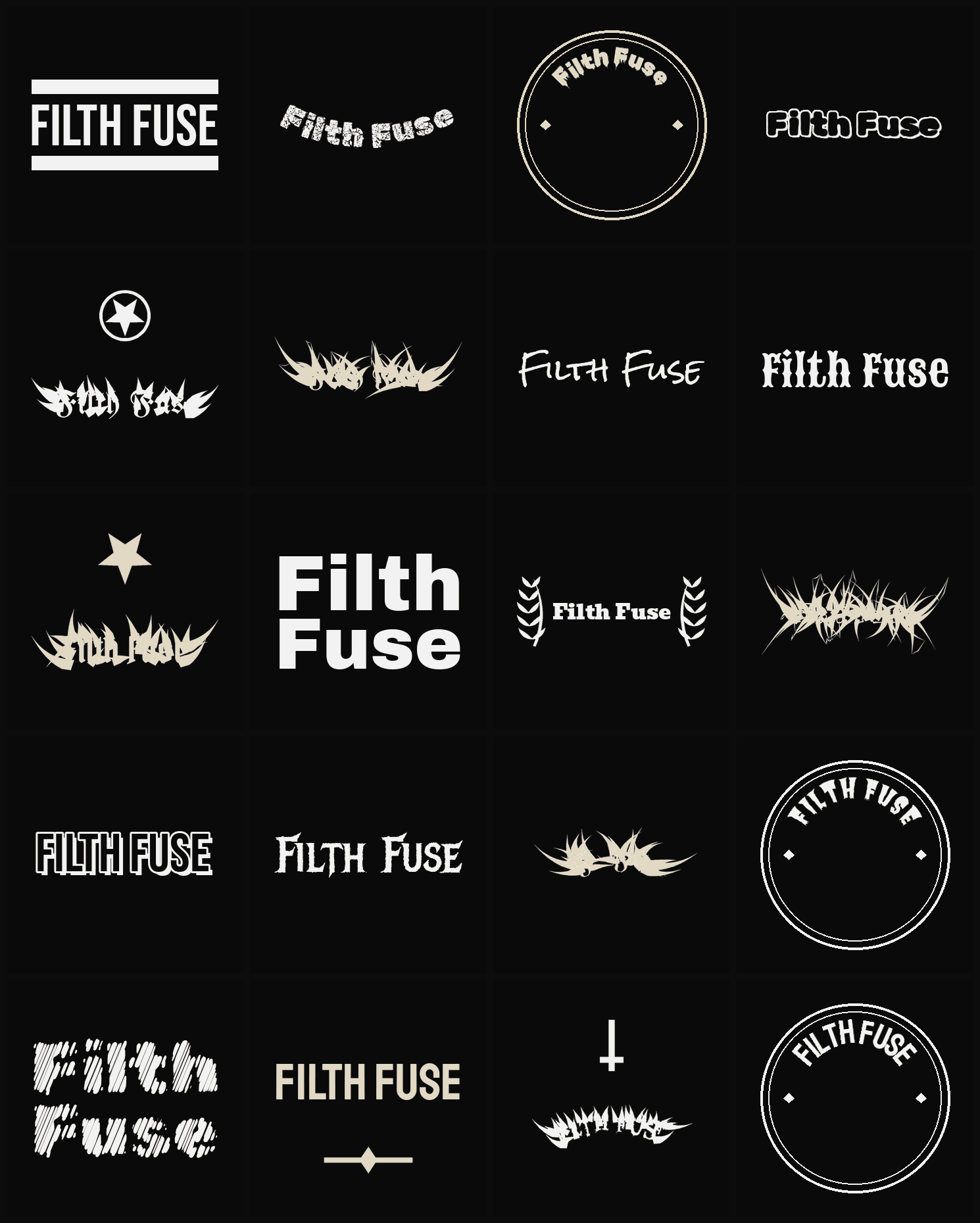 Twenty Filth Fuse band logo ideas — different faces, treatments and spike settings