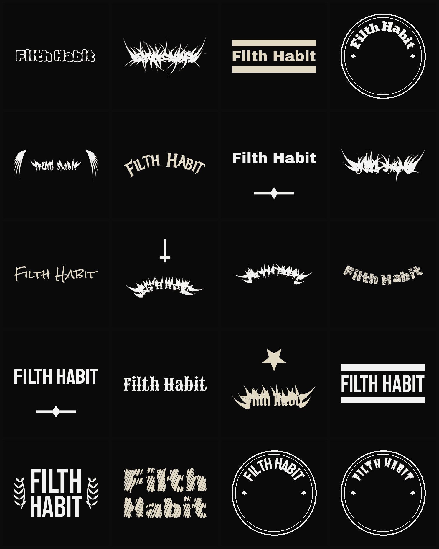Twenty Filth Habit band logo ideas — different faces, treatments and spike settings