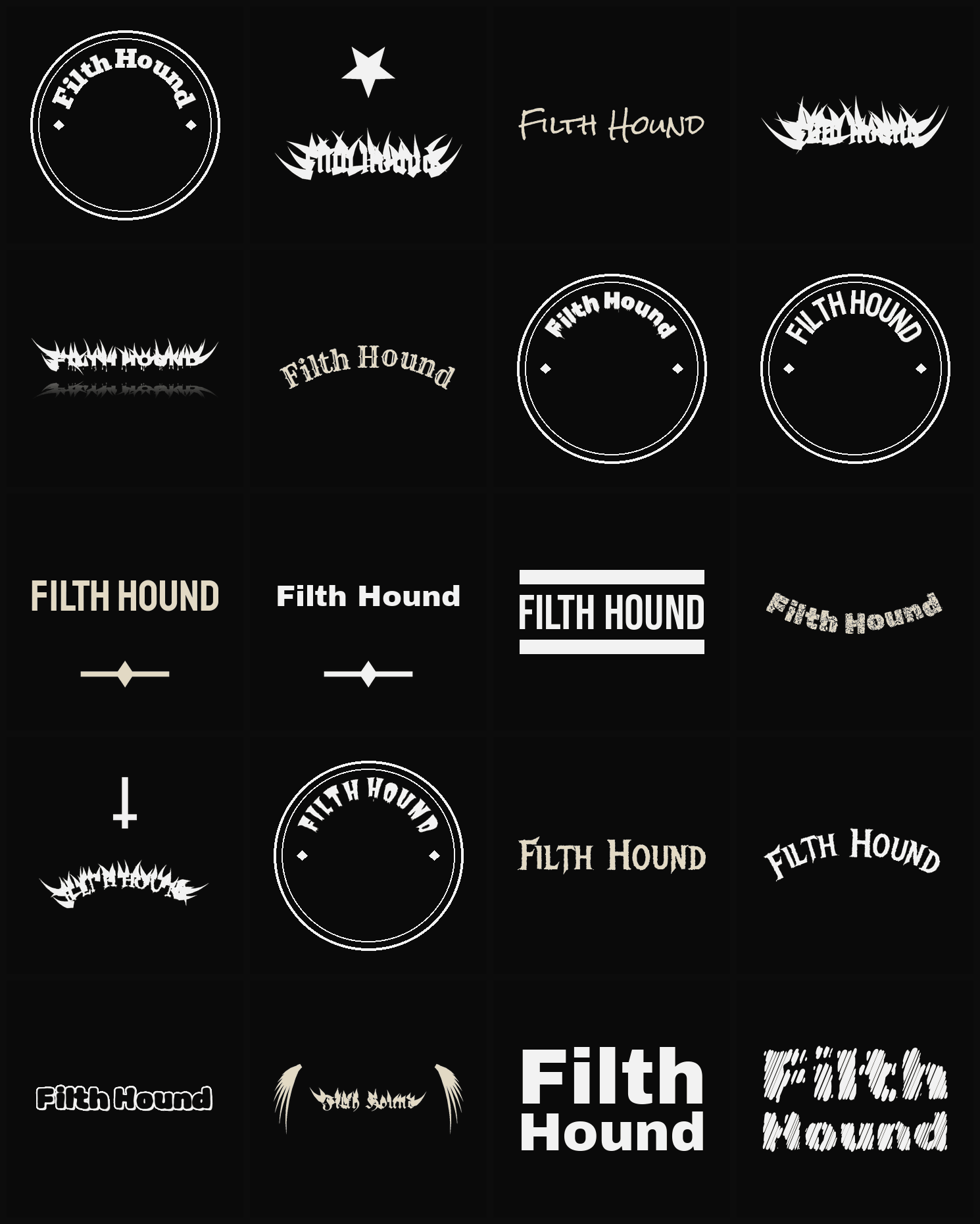 Twenty Filth Hound band logo ideas — different faces, treatments and spike settings