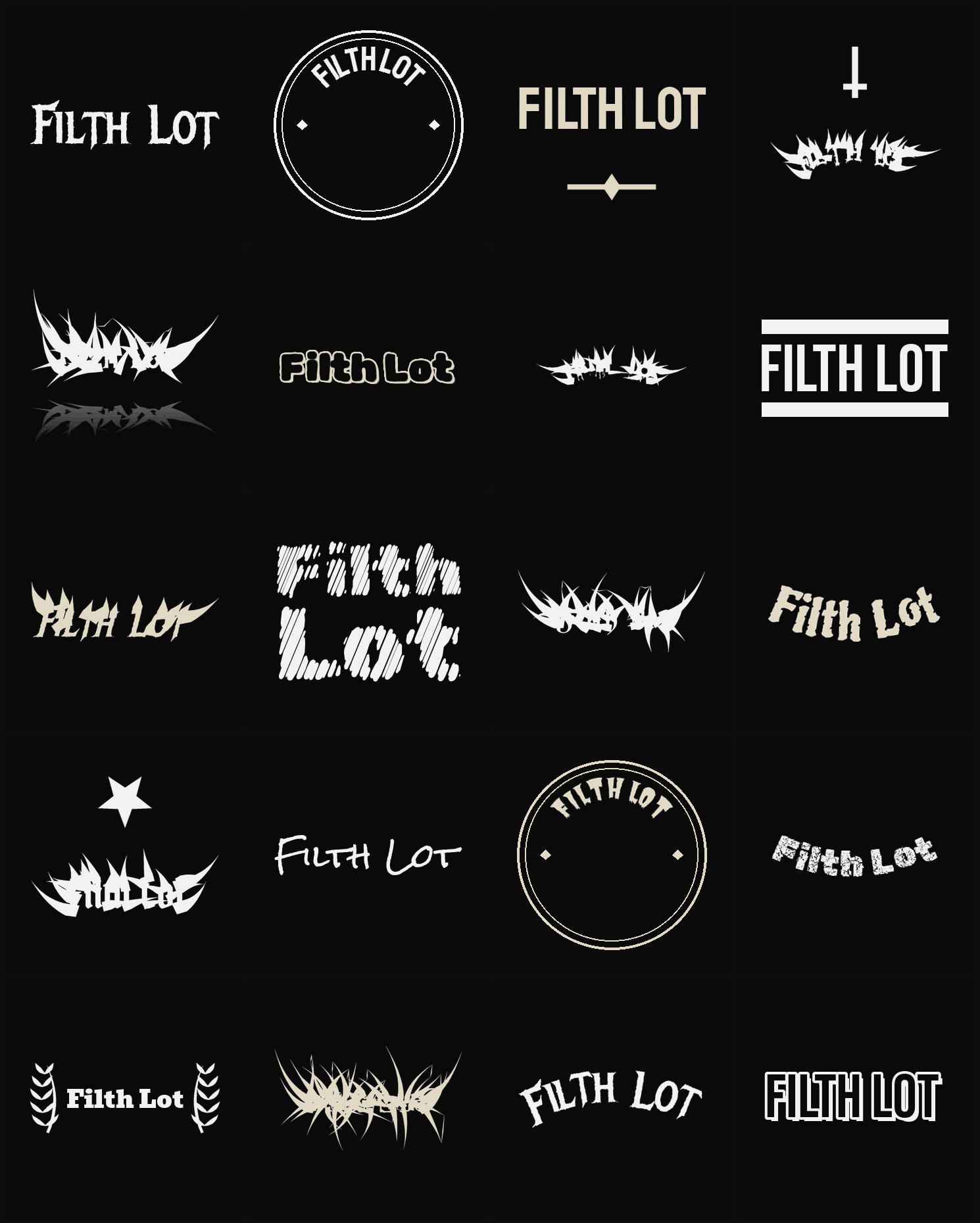 Twenty Filth Lot band logo ideas — different faces, treatments and spike settings