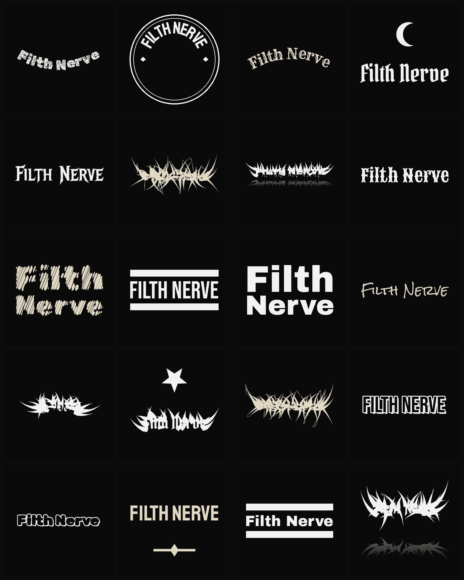 Twenty Filth Nerve band logo ideas — different faces, treatments and spike settings