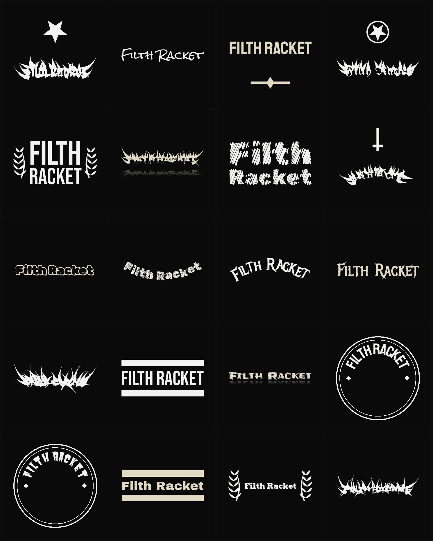 Twenty Filth Racket band logo ideas — different faces, treatments and spike settings