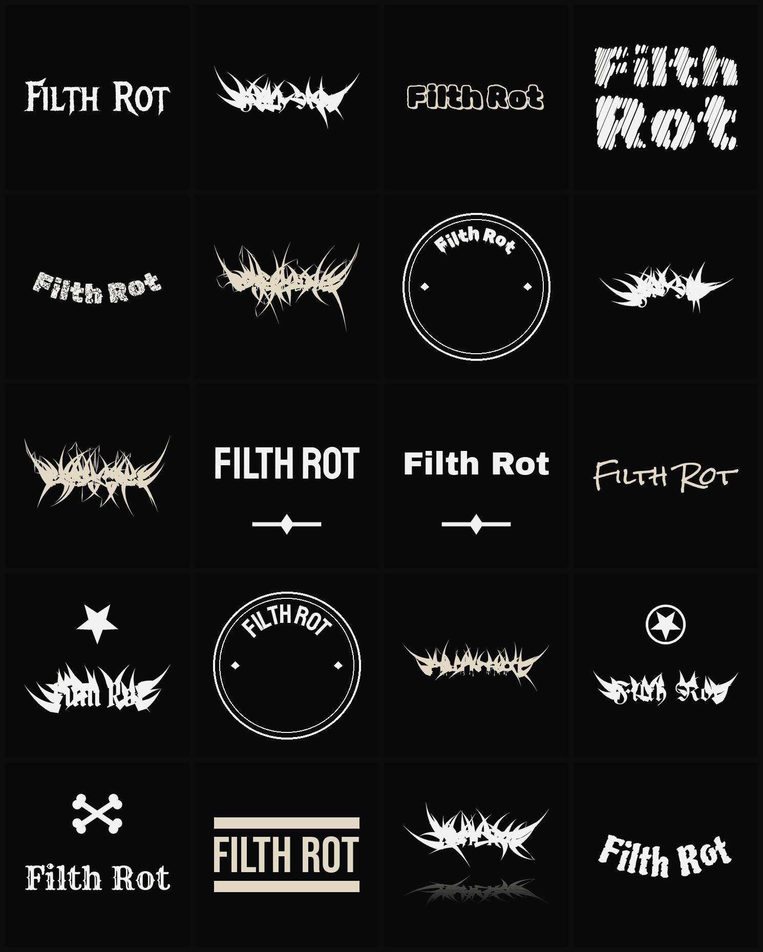 Twenty Filth Rot band logo ideas — different faces, treatments and spike settings