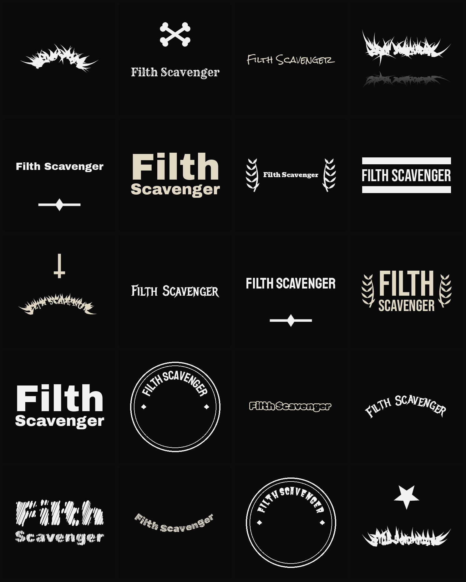 Twenty Filth Scavenger band logo ideas — different faces, treatments and spike settings