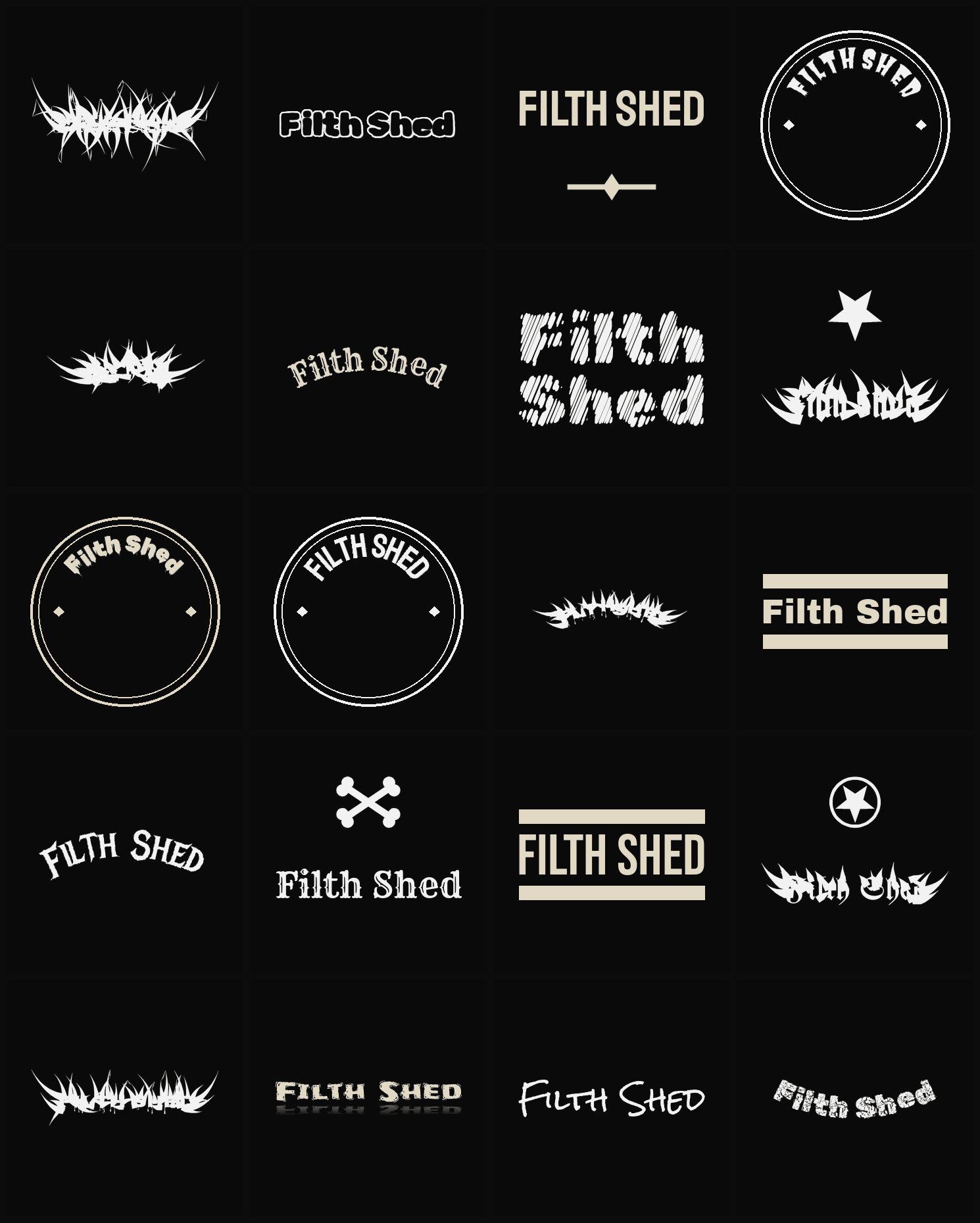 Twenty Filth Shed band logo ideas — different faces, treatments and spike settings