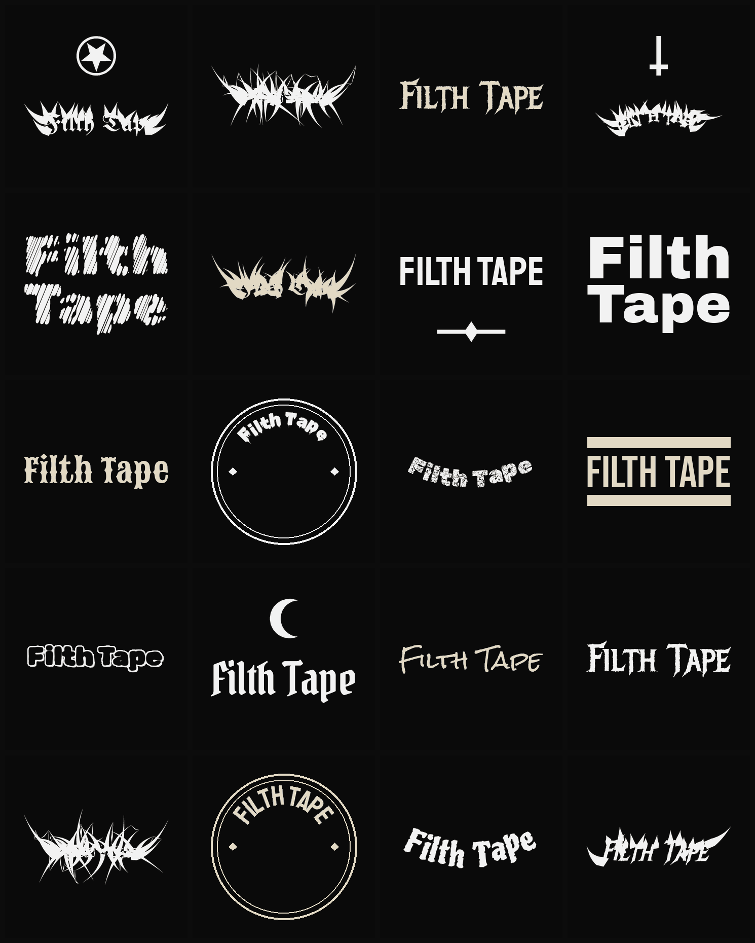 Twenty Filth Tape band logo ideas — different faces, treatments and spike settings