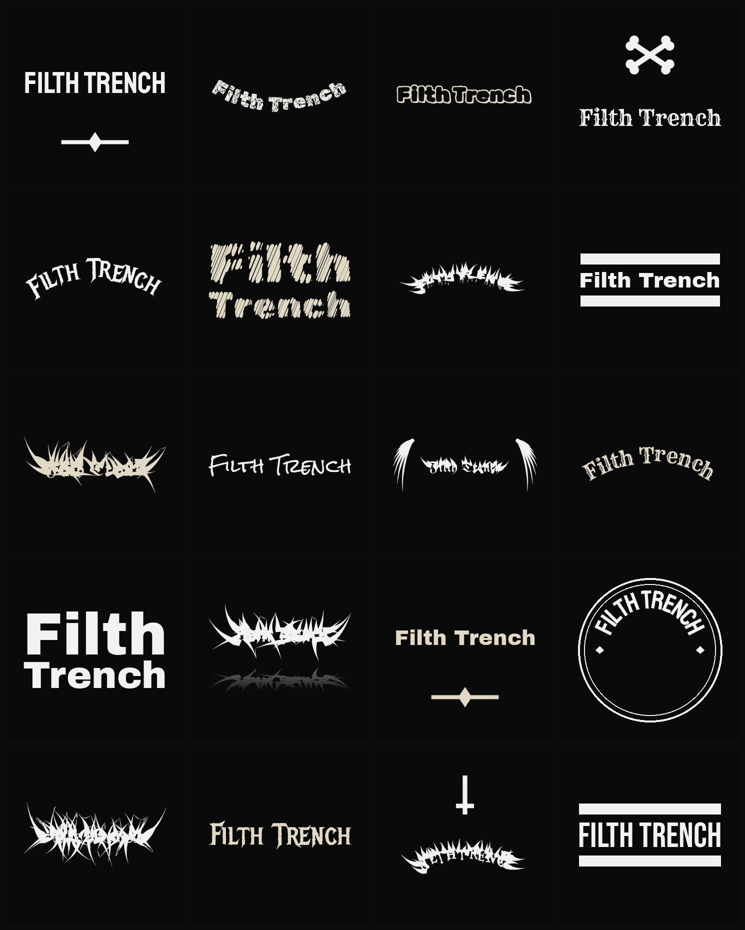 Twenty Filth Trench band logo ideas — different faces, treatments and spike settings
