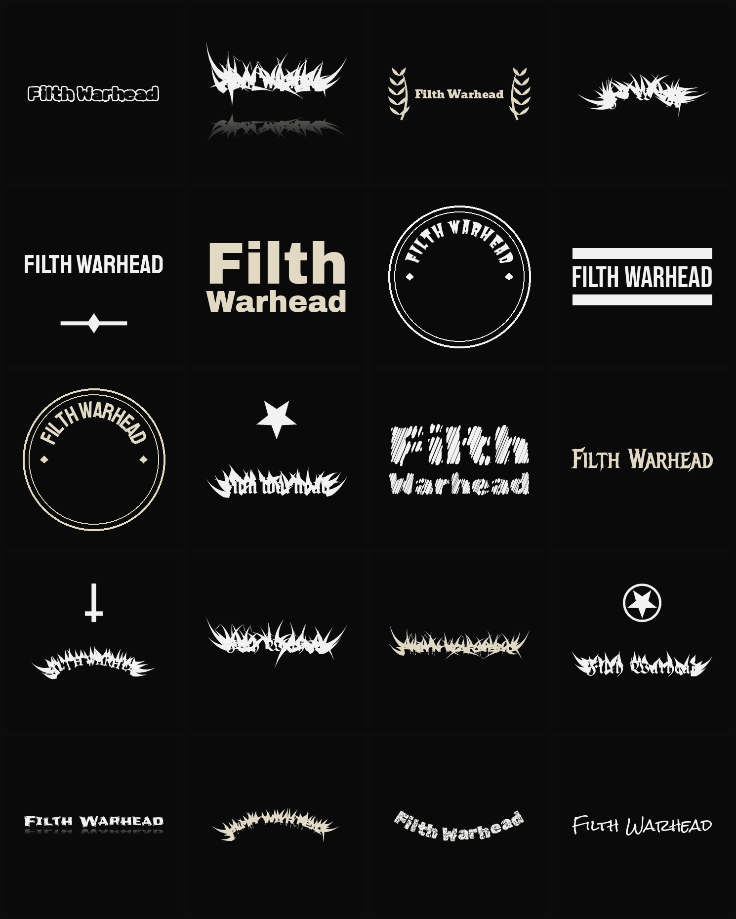 Twenty Filth Warhead band logo ideas — different faces, treatments and spike settings