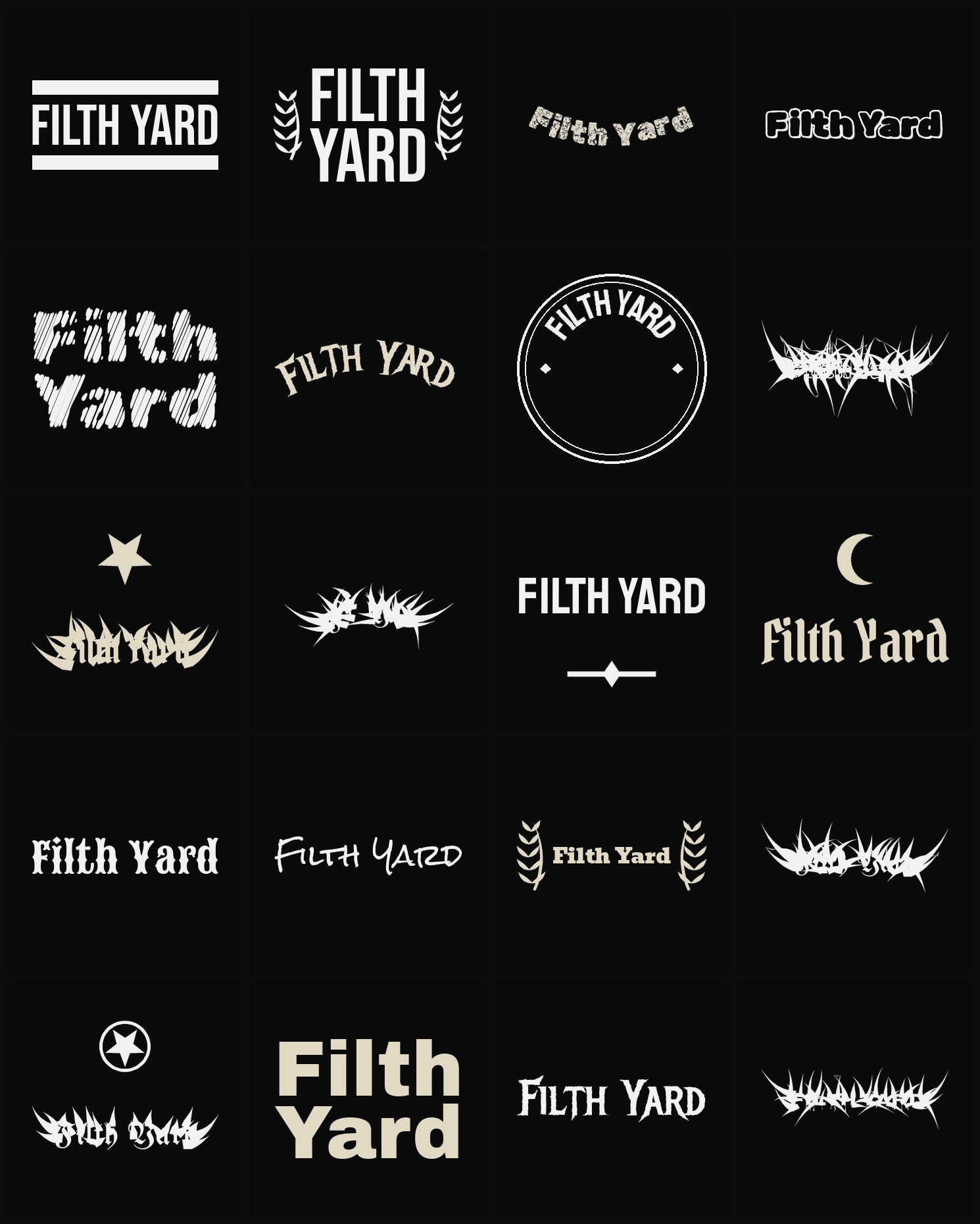 Twenty Filth Yard band logo ideas — different faces, treatments and spike settings