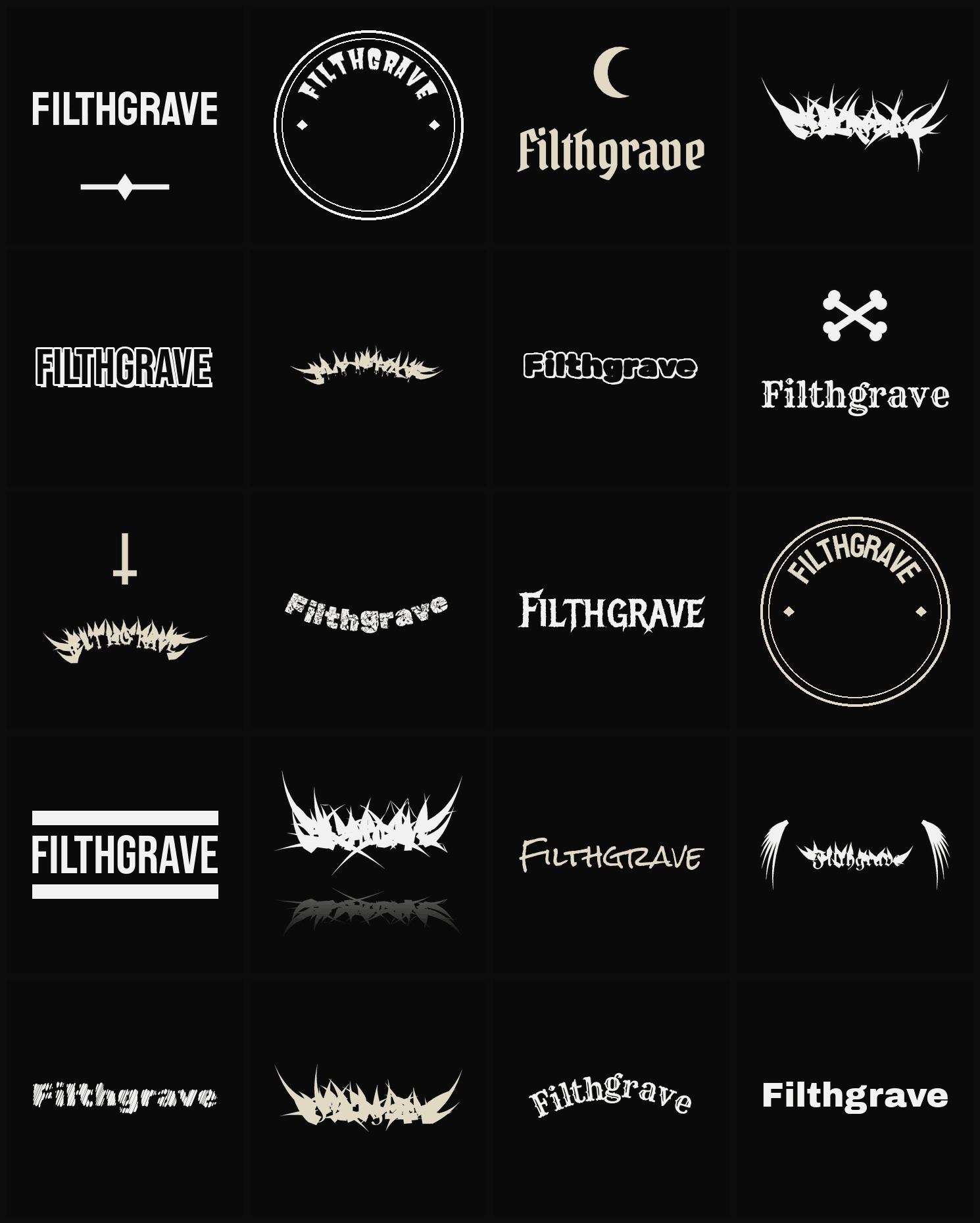 Twenty Filthgrave band logo ideas — different faces, treatments and spike settings