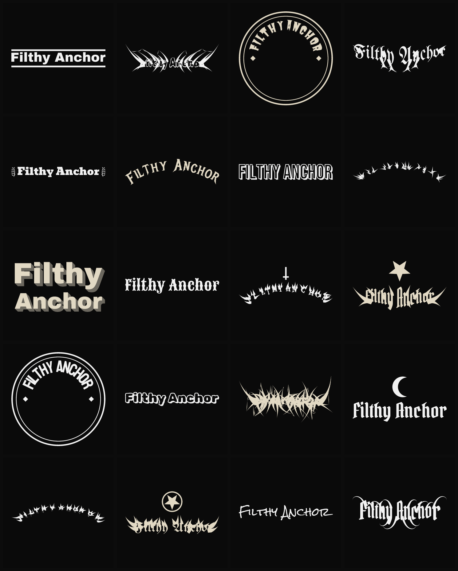 Twenty Filthy Anchor band logo ideas — different faces, treatments and spike settings