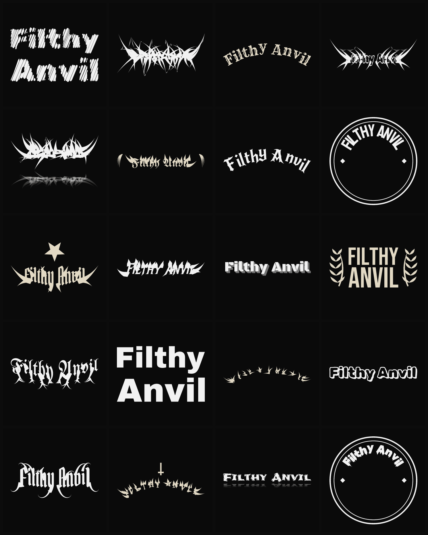 Twenty Filthy Anvil band logo ideas — different faces, treatments and spike settings