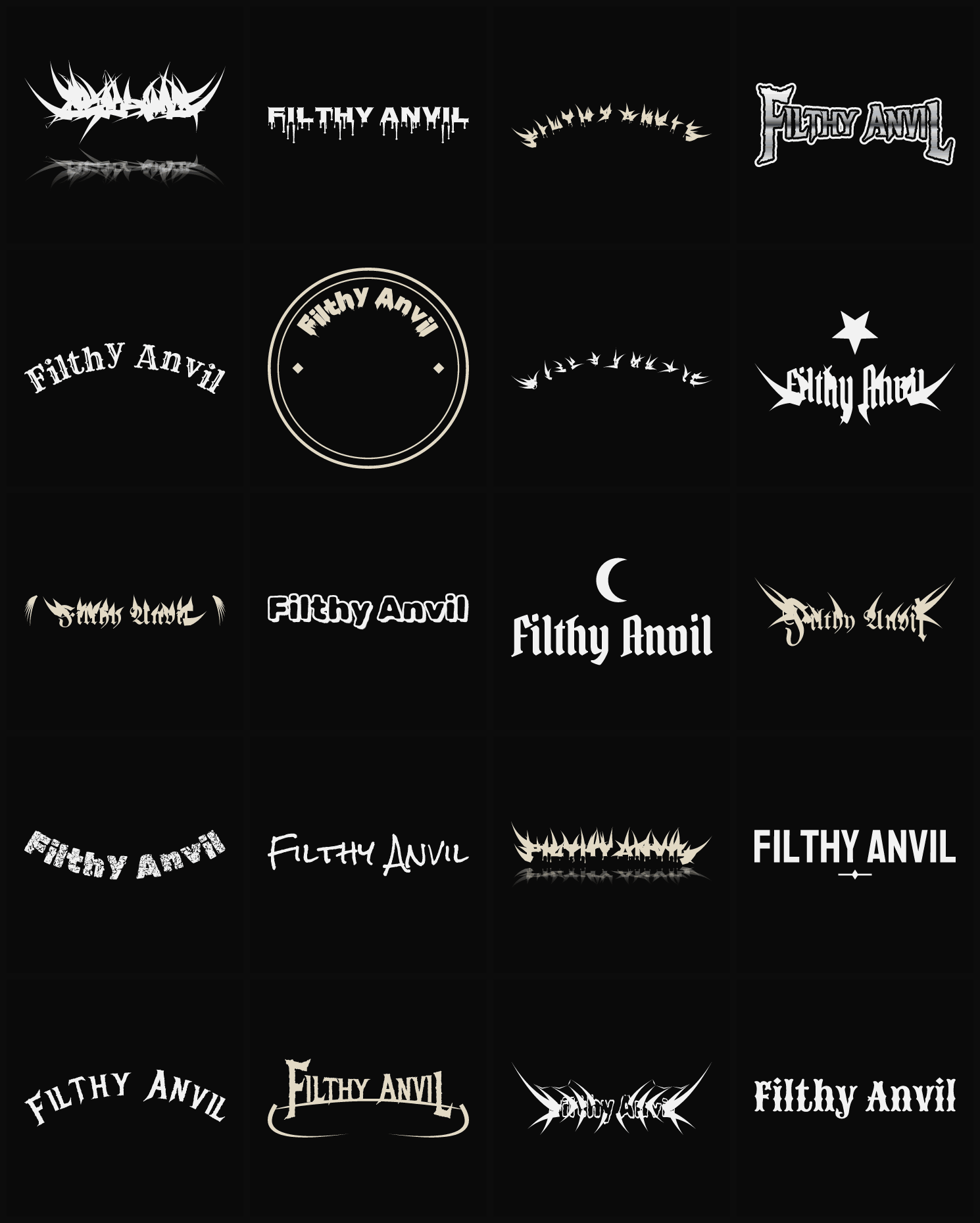 Twenty Filthy Anvil band logo ideas — different faces, treatments and spike settings