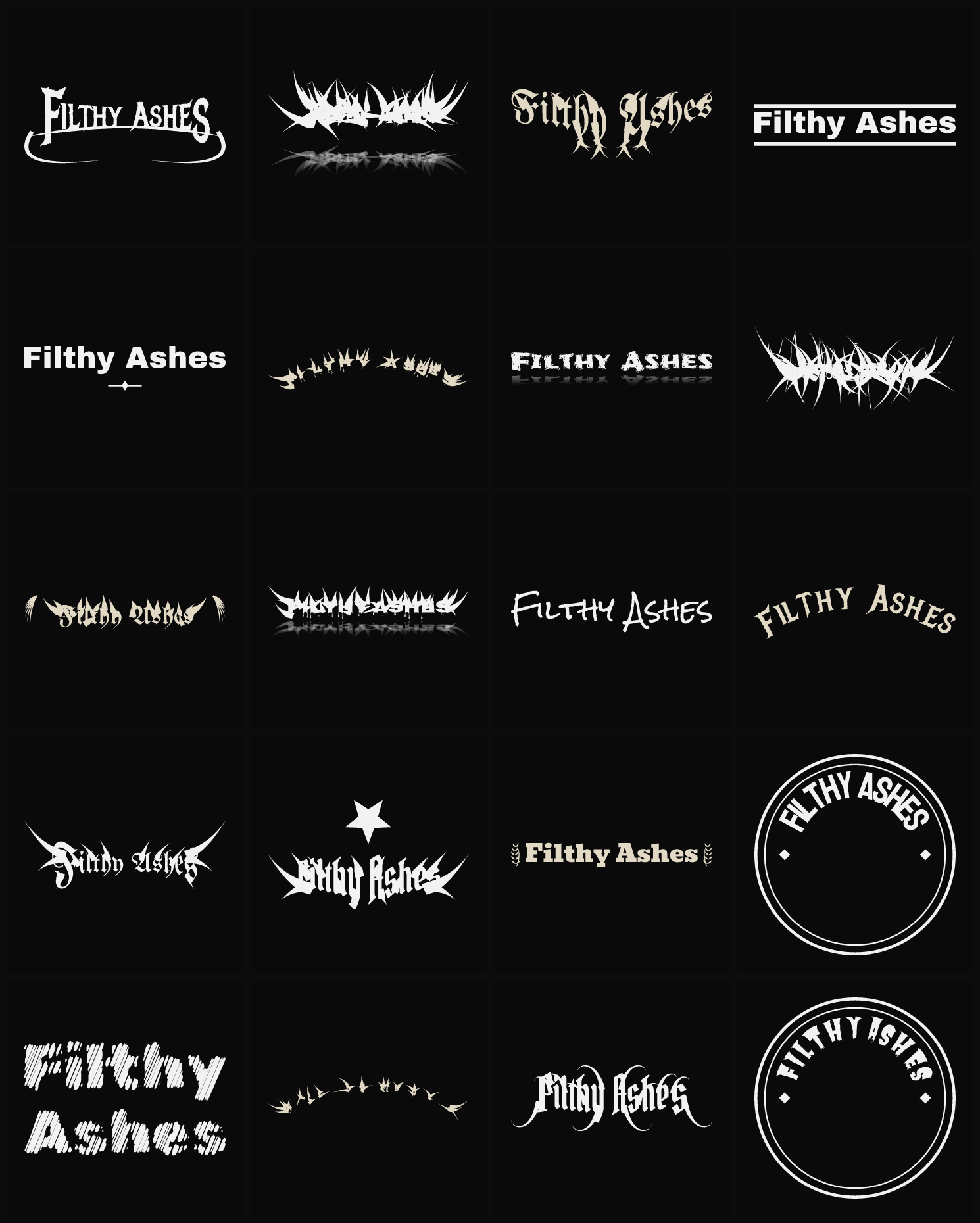 Twenty Filthy Ashes band logo ideas — different faces, treatments and spike settings