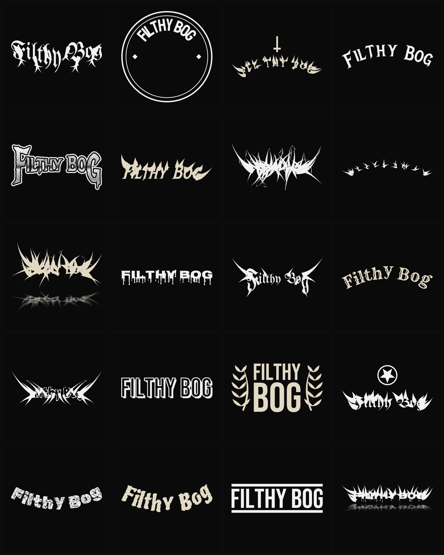 Twenty Filthy Bog band logo ideas — different faces, treatments and spike settings