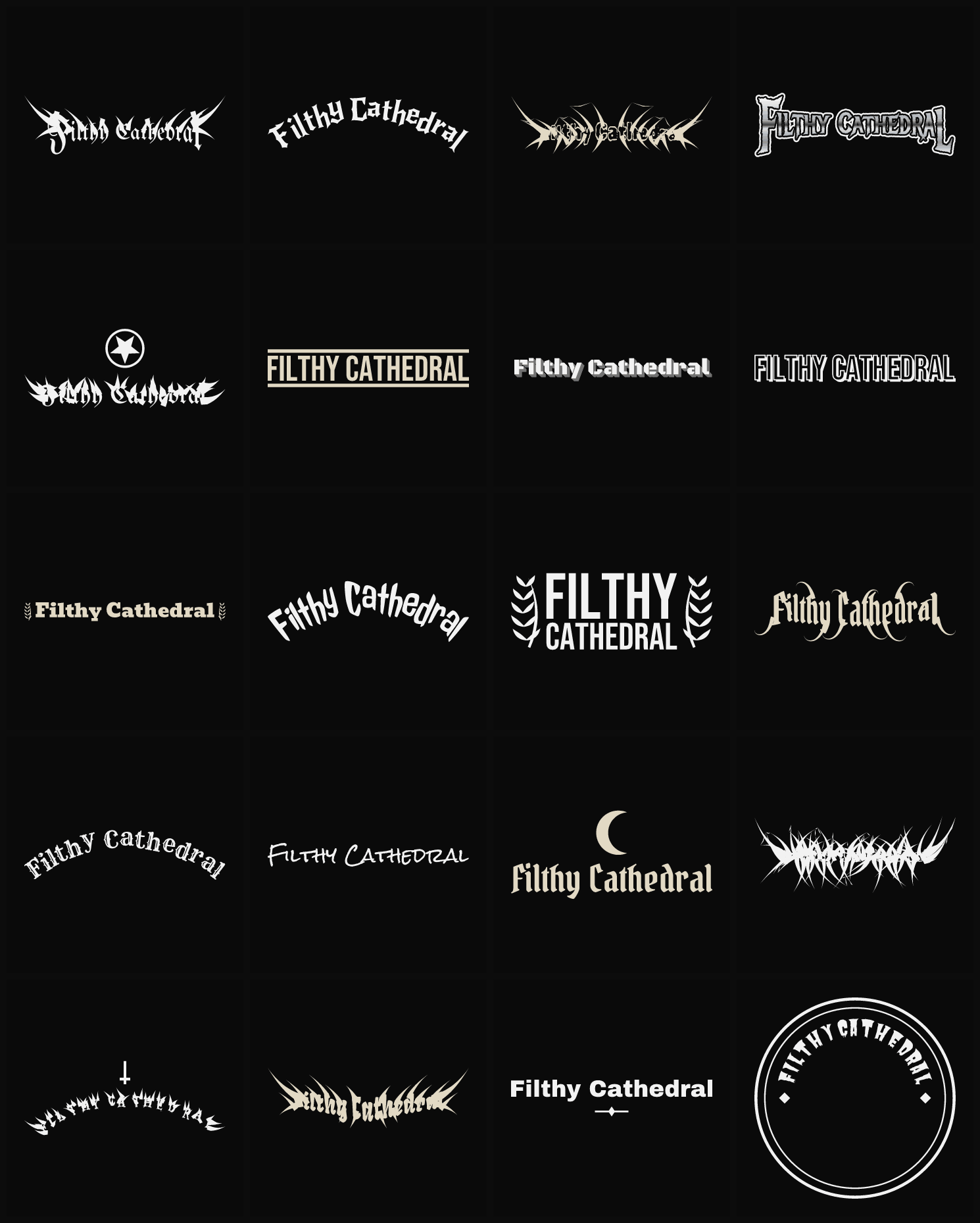 Twenty Filthy Cathedral band logo ideas — different faces, treatments and spike settings