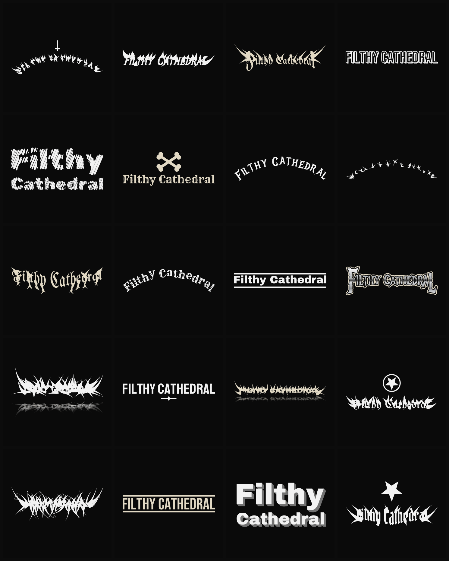 Twenty Filthy Cathedral band logo ideas — different faces, treatments and spike settings