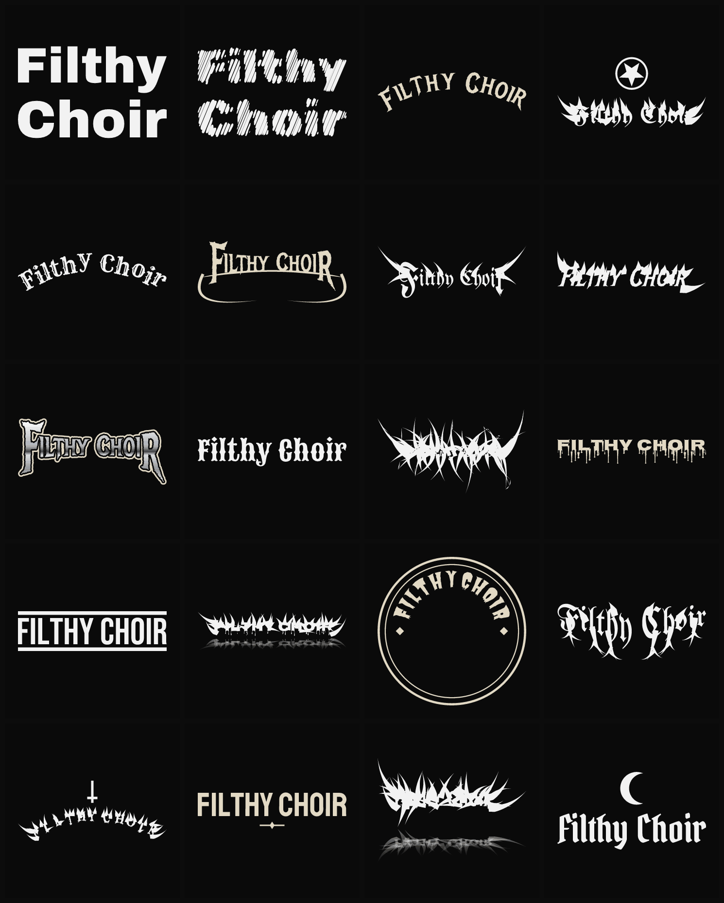 Twenty Filthy Choir band logo ideas — different faces, treatments and spike settings