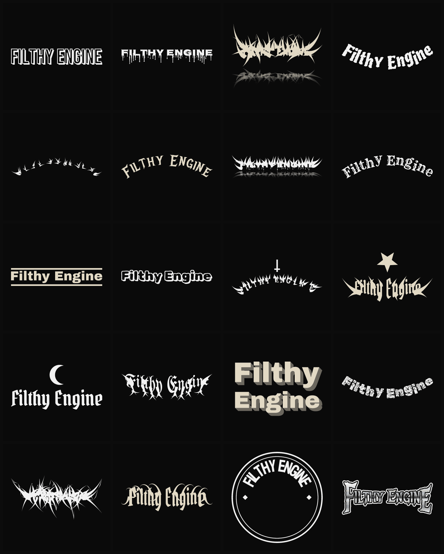 Twenty Filthy Engine band logo ideas — different faces, treatments and spike settings