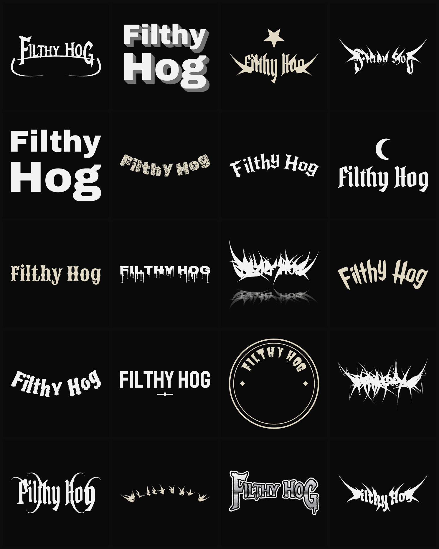 Twenty Filthy Hog band logo ideas — different faces, treatments and spike settings