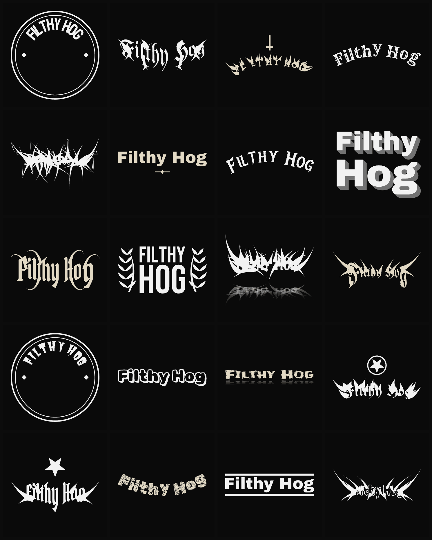Twenty Filthy Hog band logo ideas — different faces, treatments and spike settings