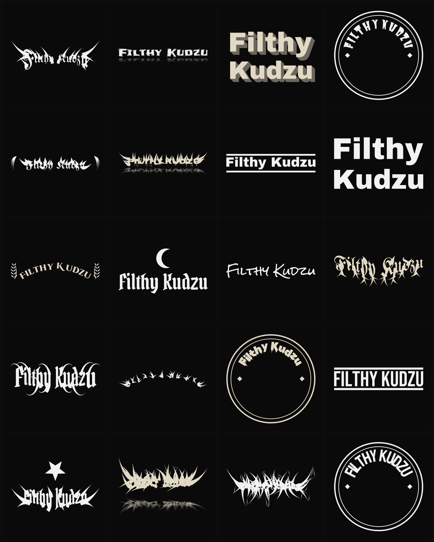 Twenty Filthy Kudzu band logo ideas — different faces, treatments and spike settings