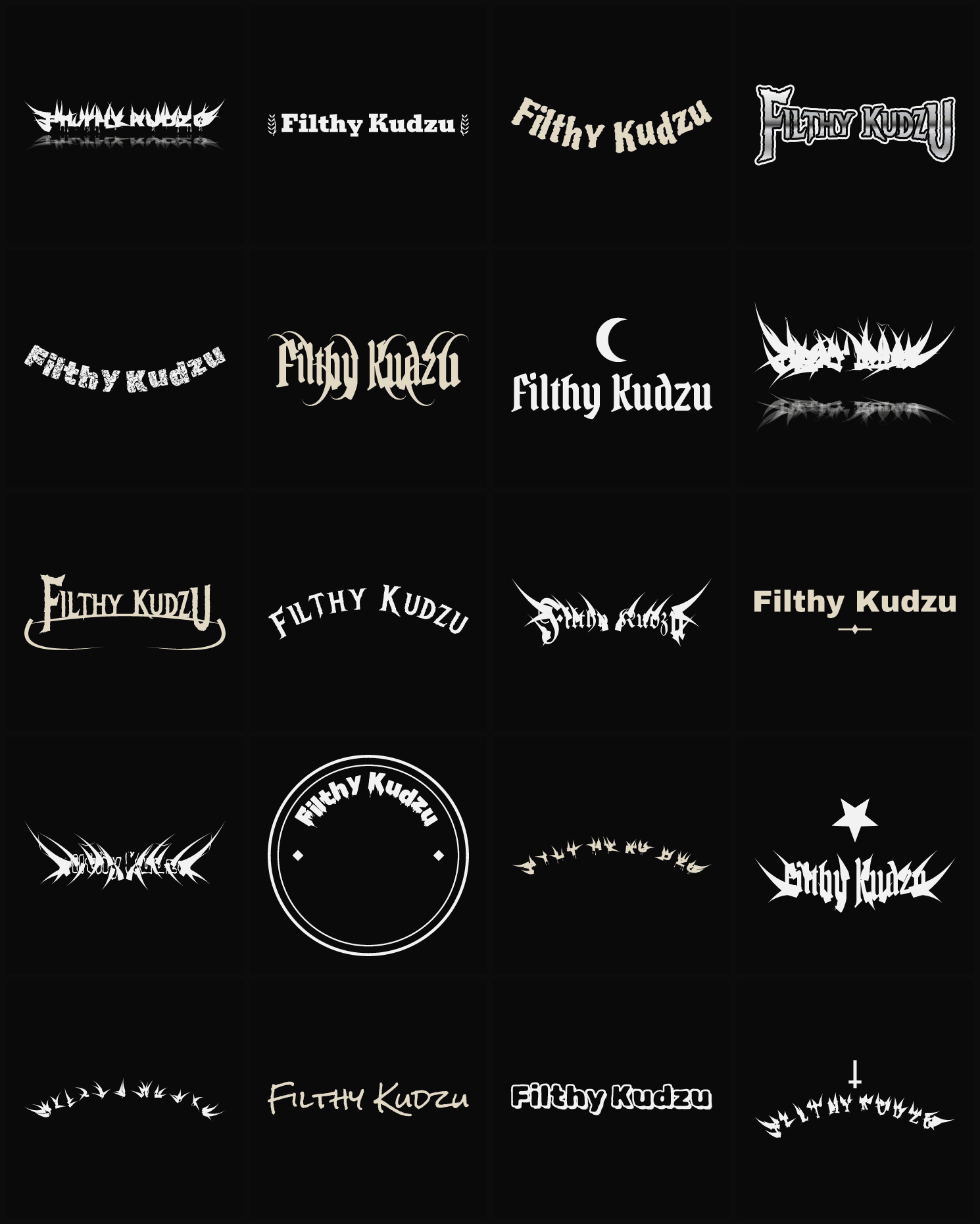 Twenty Filthy Kudzu band logo ideas — different faces, treatments and spike settings