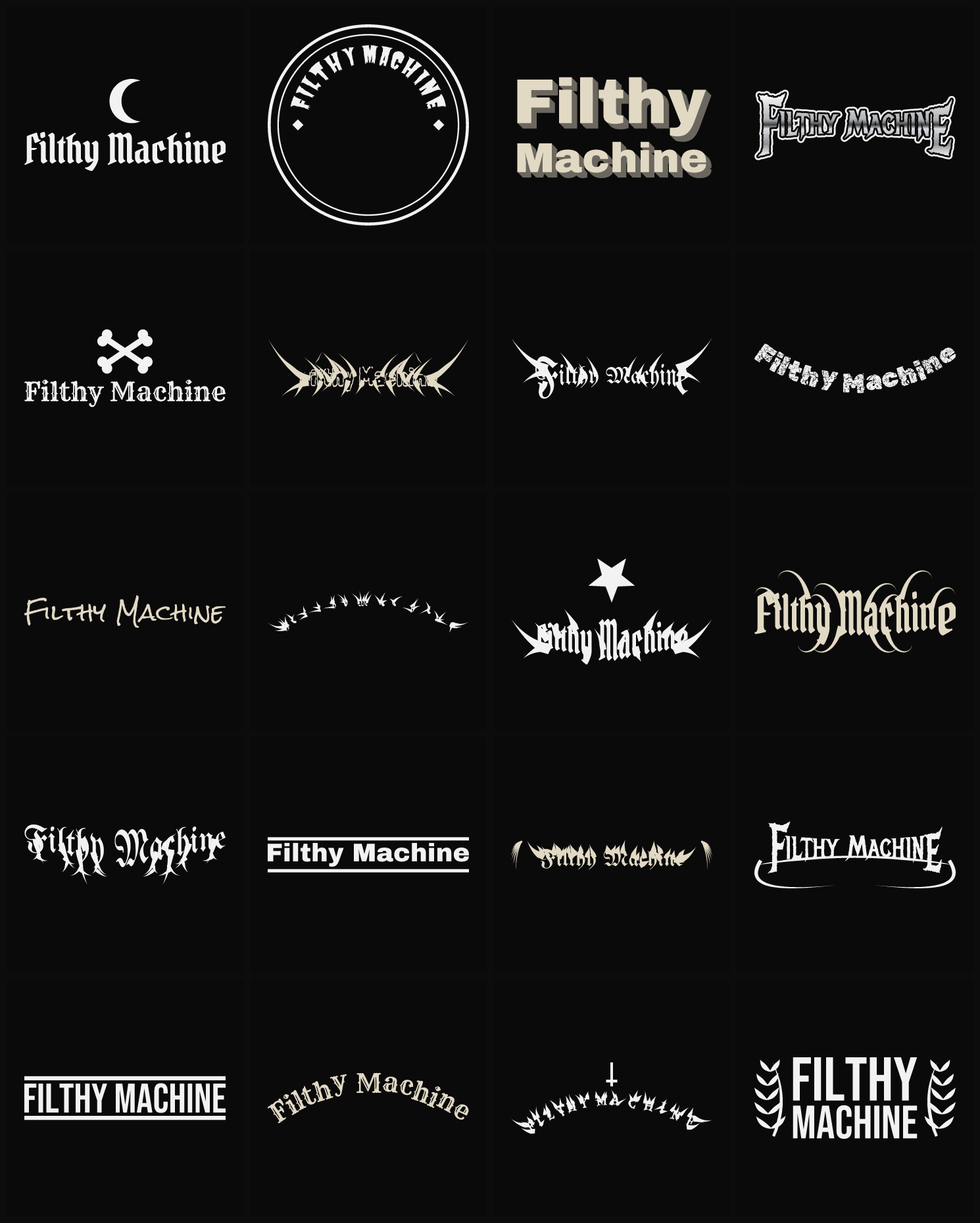 Twenty Filthy Machine band logo ideas — different faces, treatments and spike settings
